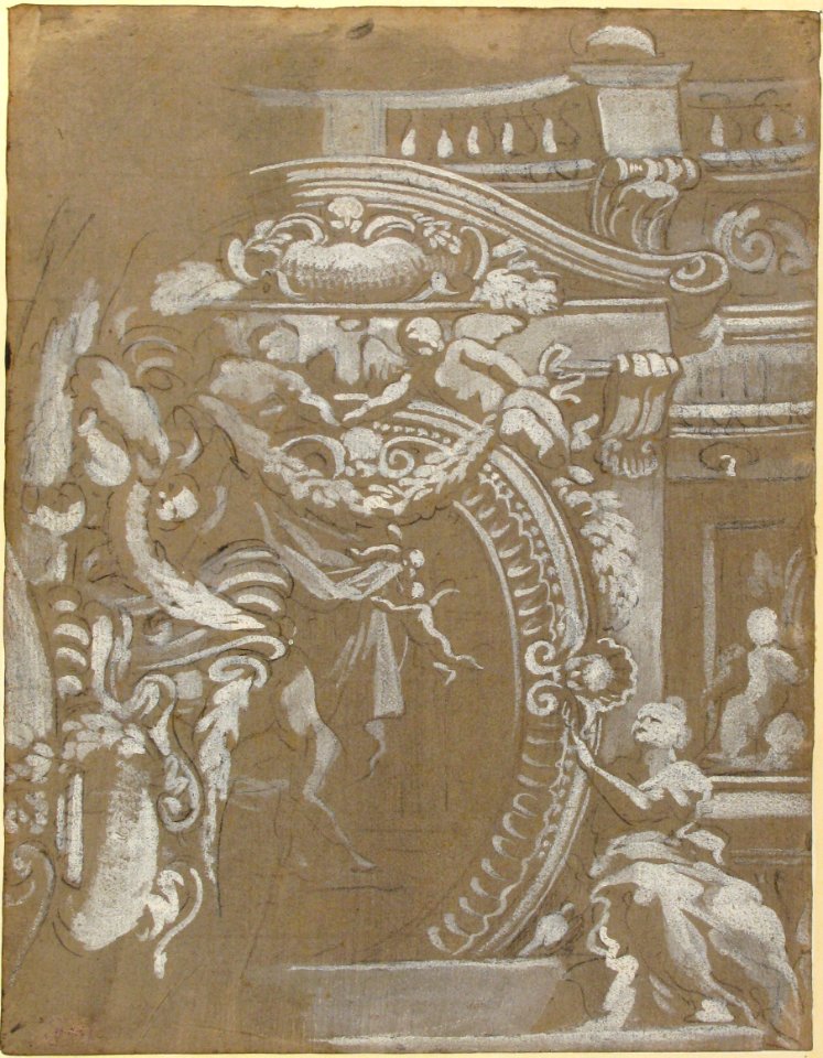 Ornamental Design for a Wall Monument Surmounted by a Balustrade with Human Figures, Angels Holding Garlands and Draperies (recto and verso). MET 1971.513.47 RECTO