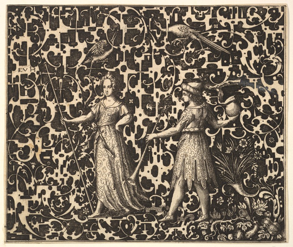Ornament Print with Schweifwerk and Two (Allegorical?) Figures MET DP823428