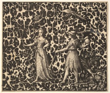 Ornament Print with Schweifwerk and Two (Allegorical?) Figures MET DP823428