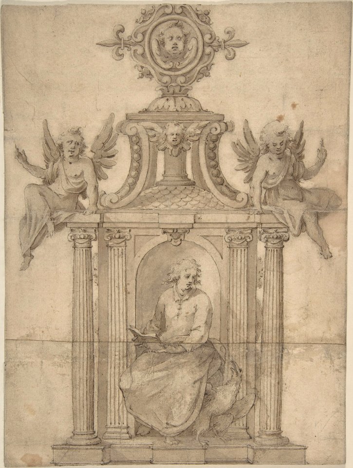 Ornamental Drawing, with St. John the Evangelist Seated in a Columned Niche, with Two Putti MET DP810470