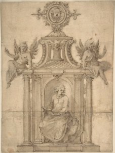 Ornamental Drawing, with St. John the Evangelist Seated in a Columned Niche, with Two Putti MET DP810470
