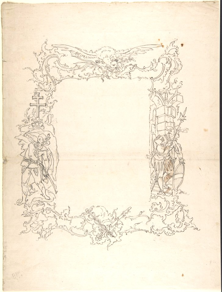 Ornamental frame with eagle and two figures MET DP804506