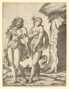 Orpheus standing at left playing the violin, Eurydice at right covering herself MET DP854065