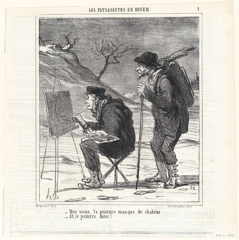 Old fellow, your painting lacks warmth, and the painter to be sure!, from 'The winter landscape painters,' published in Le Charivari, December 6, 1864 MET DP877197