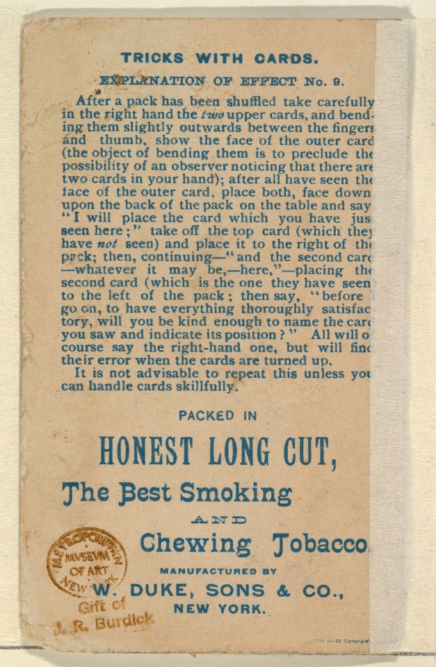 Number 14, Jumping Card, from the Tricks with Cards series (N138) issued by W. Duke, Sons & Co. to promote Honest Long Cut Tobacco MET DP865859