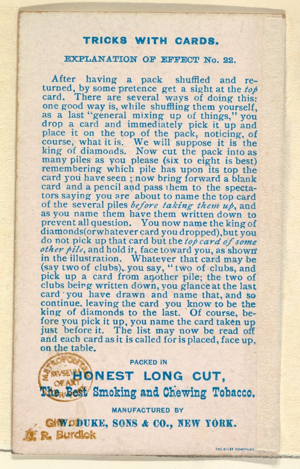Number 20, Mysterious Confederacy, from the Tricks with Cards series (N138) issued by W. Duke, Sons & Co. to promote Honest Long Cut Tobacco MET DP865862
