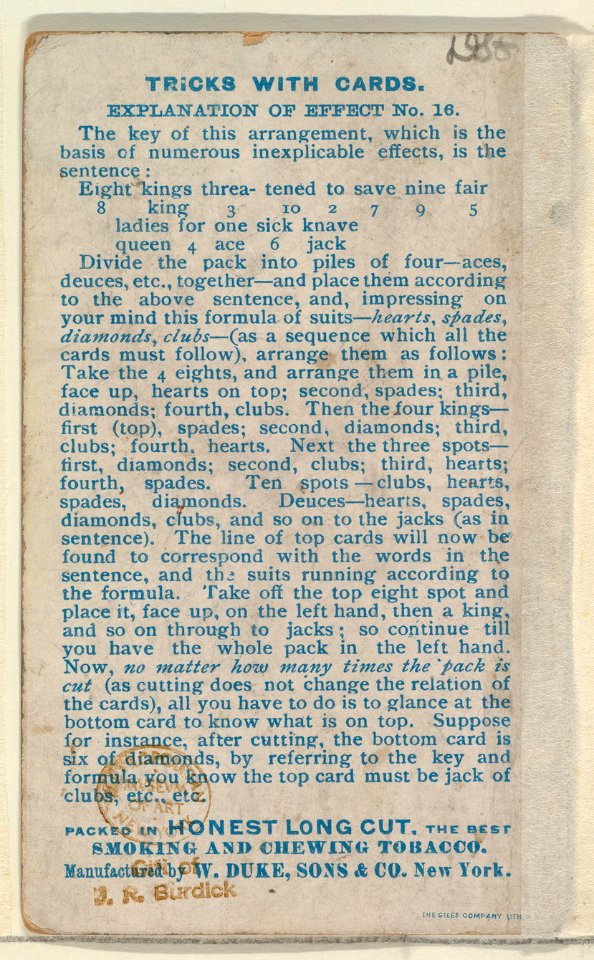 Number 9, Surer than Three Card Monte, from the Tricks with Cards series (N138) issued by W. Duke, Sons & Co. to promote Honest Long Cut Tobacco MET DP865851