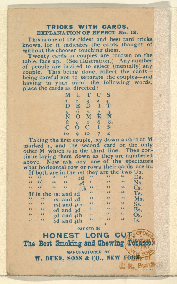 Number 8, Caught on the Fly, from the Tricks with Cards series (N138) issued by W. Duke, Sons & Co. to promote Honest Long Cut Tobacco MET DP865850