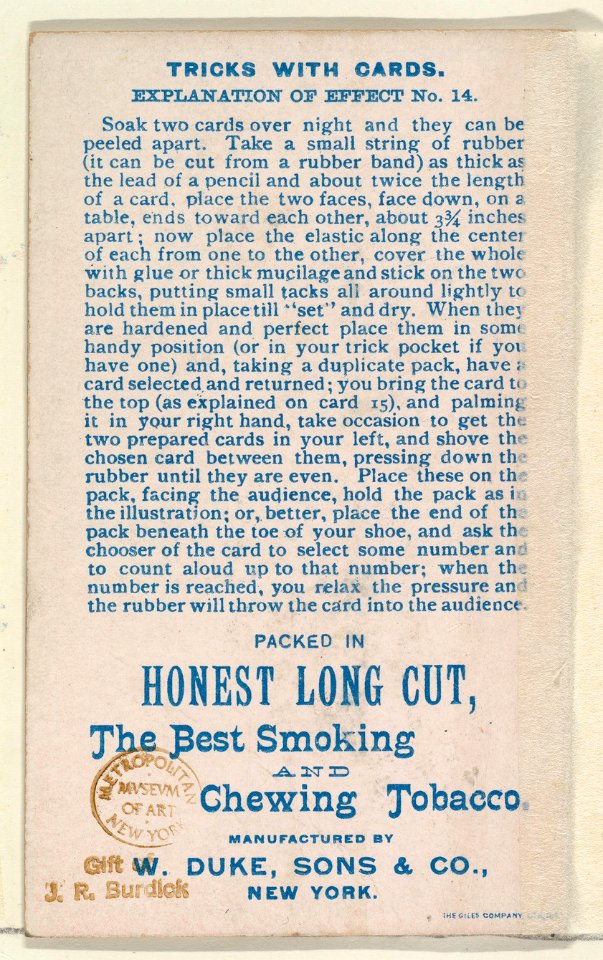 Number 24, Metempsychosis, from the Tricks with Cards series (N138) issued by W. Duke, Sons & Co. to promote Honest Long Cut Tobacco MET DP865866