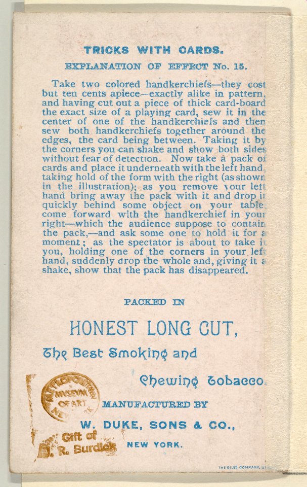 Number 7, Dissolving Card, from the Tricks with Cards series (N138) issued by W. Duke, Sons & Co. to promote Honest Long Cut Tobacco MET DP865849
