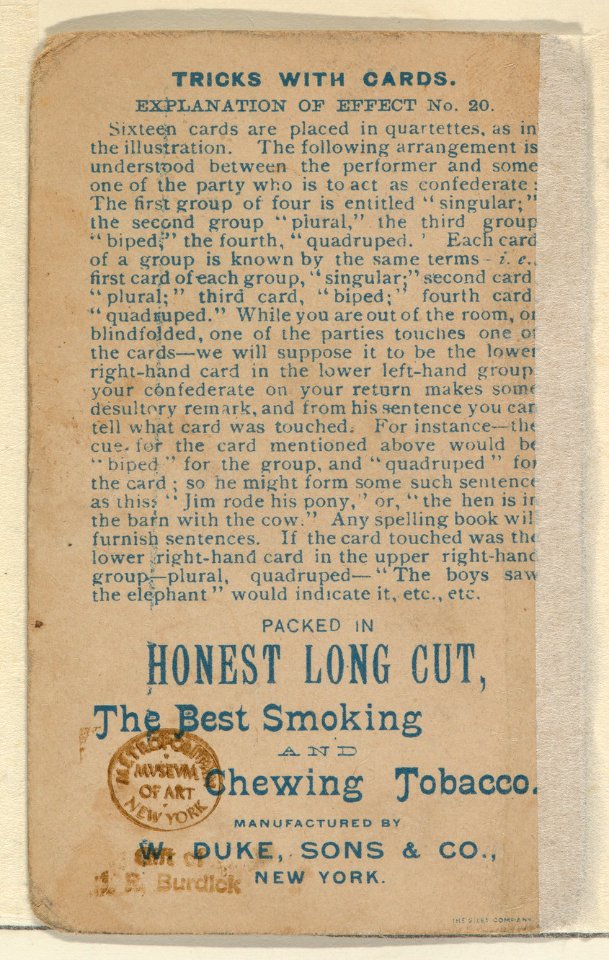Number 11, Metamorphoses, from the Tricks with Cards series (N138) issued by W. Duke, Sons & Co. to promote Honest Long Cut Tobacco MET DP865853