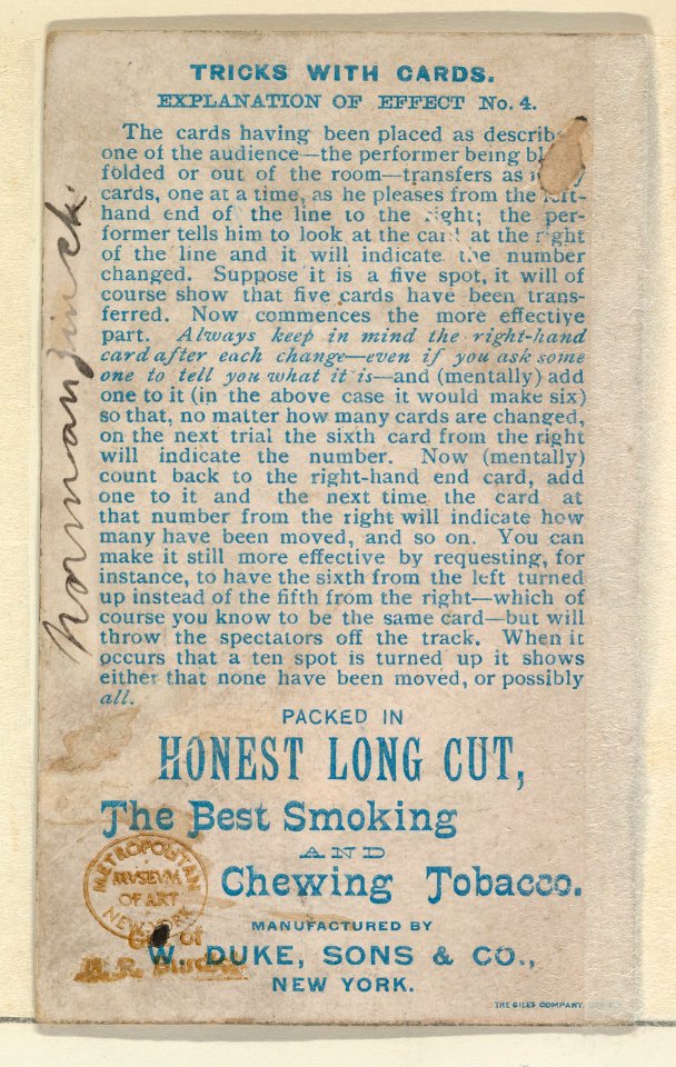 Number 12, Quicker than Thought, from the Tricks with Cards series (N138) issued by W. Duke, Sons & Co. to promote Honest Long Cut Tobacco MET DP865854