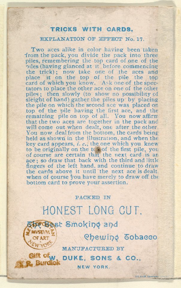 Number 6, An Electric Stroke, from the Tricks with Cards series (N138) issued by W. Duke, Sons & Co. to promote Honest Long Cut Tobacco MET DP865848