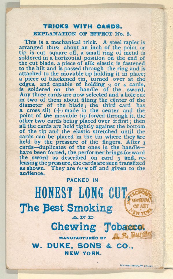 Number 10, Sympathetic Cards, from the Tricks with Cards series (N138) issued by W. Duke, Sons & Co. to promote Honest Long Cut Tobacco MET DP865852
