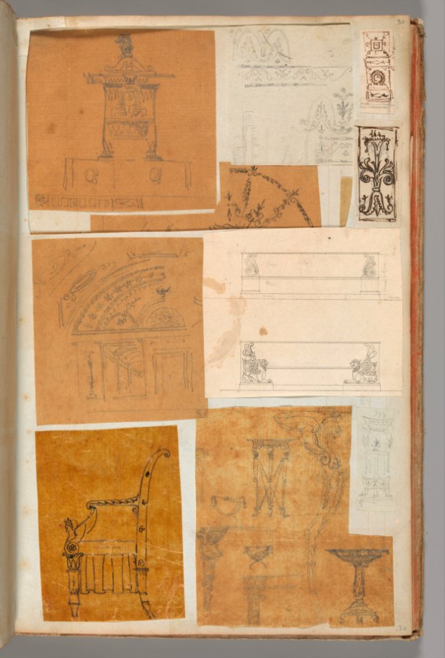 Page from a Scrapbook containing Drawings and Several Prints of Architecture, Interiors, Furniture and Other Objects MET DP372168