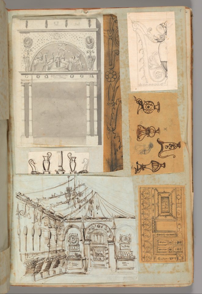 Page from a Scrapbook containing Drawings and Several Prints of Architecture, Interiors, Furniture and Other Objects MET DP372098