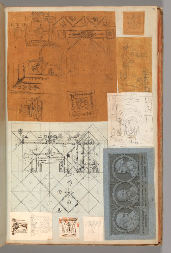 Page from a Scrapbook containing Drawings and Several Prints of Architecture, Interiors, Furniture and Other Objects MET DP372086