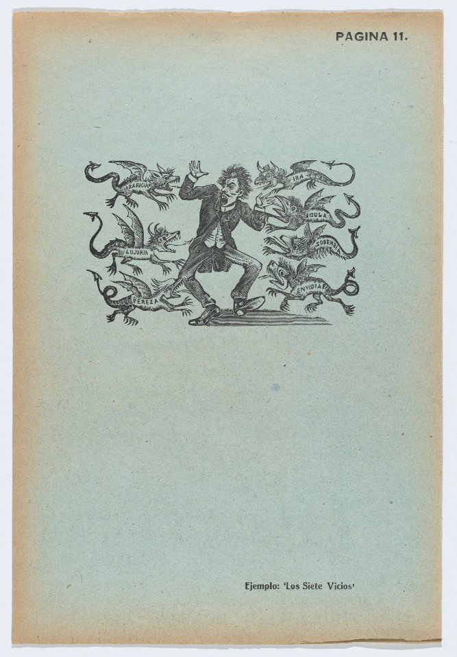 Page 11- a man being terrorised by winged demons representing the seven vices, from '36 Grabados' (Mexico, 1943) MET DP872833