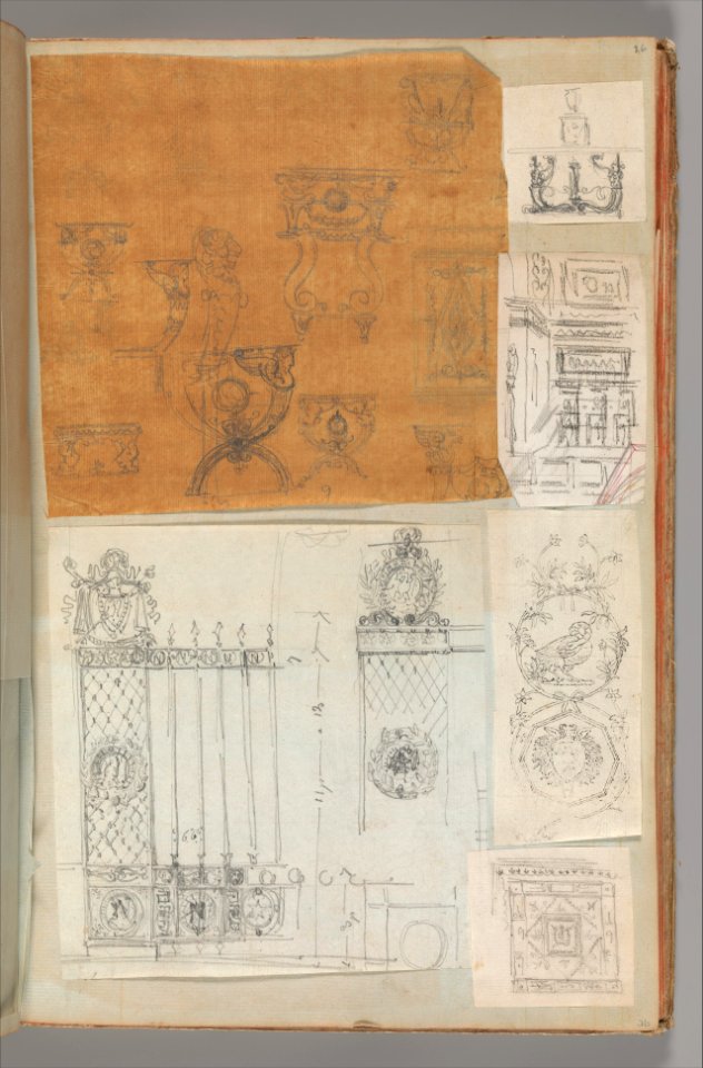 Page from a Scrapbook containing Drawings and Several Prints of Architecture, Interiors, Furniture and Other Objects MET DP372145
