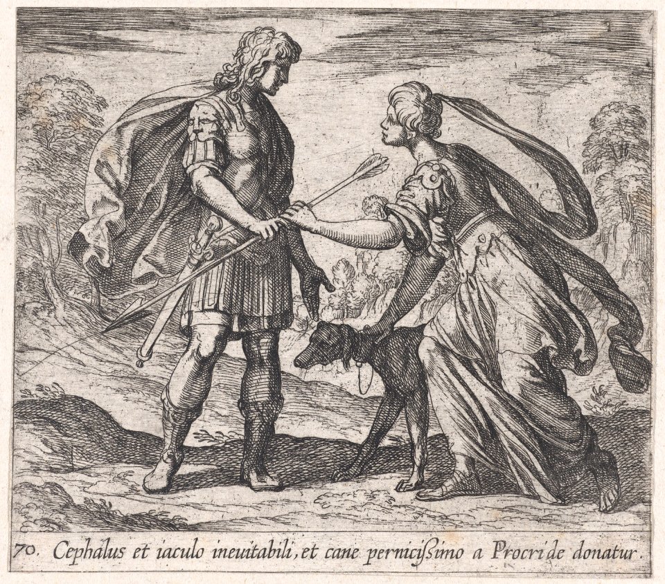 Pltae 70- Procris Giving Cephalus a Dog and a Javelin (Cephalus et iaculo inevitabili, et cane pernicißimo a Procride donatur), from Ovid's 'Metamorphoses' MET DP866517