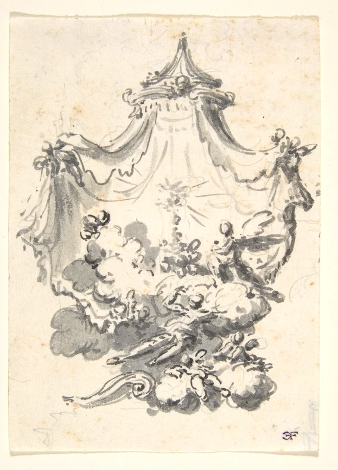 Parted Curtains Revealing Angels Upon Clouds Worshipping a Monstrance (Design for a Stage Set?) MET DP810780