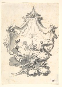 Parted Curtains Revealing Angels Upon Clouds Worshipping a Monstrance (Design for a Stage Set?) MET DP810780