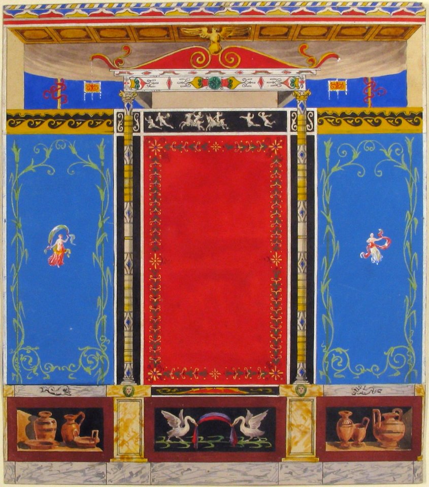 Painted Wall Decor Featuring Thin Column with a Pair of Swans and Trompe L'Oeil Vases at Base MET 68.684.12