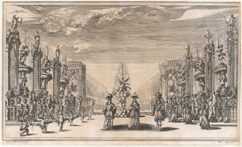 Pleasure garden, with three figures in front of a fountain at center, a row of putti to the left, and a group of women to the right; set design from 'Il Pomo D'Oro' MET DP874685