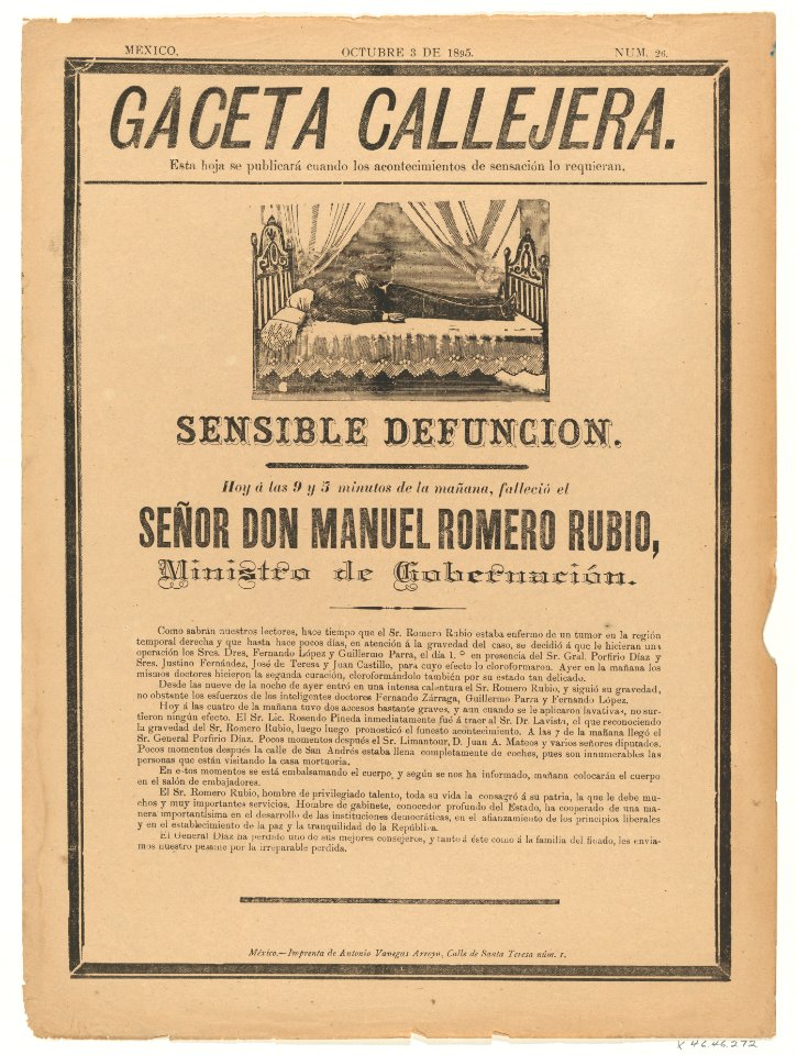 Page from the Gaceta Callajera (October 3 1895) relating to the death of the government minister, Don Manuel Romero Rubio MET DP869194
