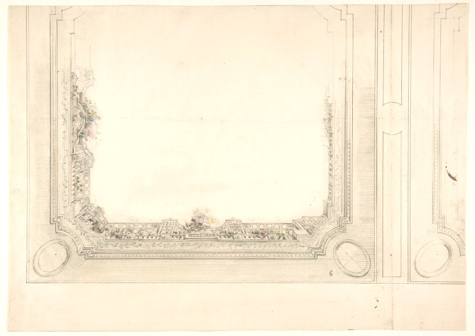 Partial design for a ceiling to be painted with a trompe l'oeil iron railing and roses MET DP811718