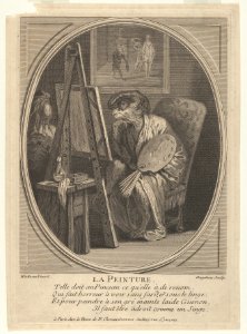 Painting (La Peinture)- a monkey seated at an easel, dressed in a robe and beret and holding a painter's palette, a framed painting hanging on the wall beyond MET DP834299. Free illustration for personal and commercial use.