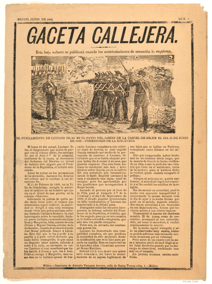 Page from the periodical 'Gaceta Callejera' relating to the execution by firing squad of Luciano Islas in the patio on the prison at Belen MET DP867962