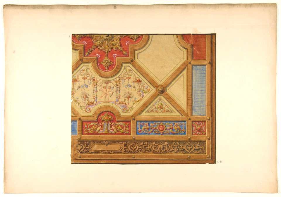 Partial design for the decoration of a ceiling in geometric panels painted with putti, masks., and griffins MET DP811568