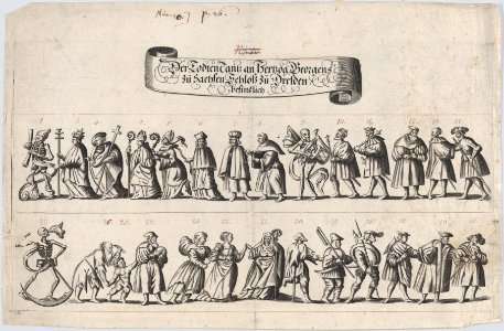 Plate from a book showing a procession of men and women with a skeleton at the beginning, middle and end of the line MET DP874742