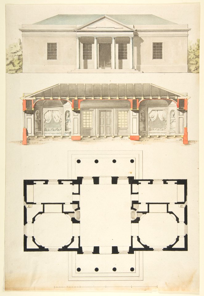Plan, Elevation, and Section for a Single Story Pavilion MET DP812933