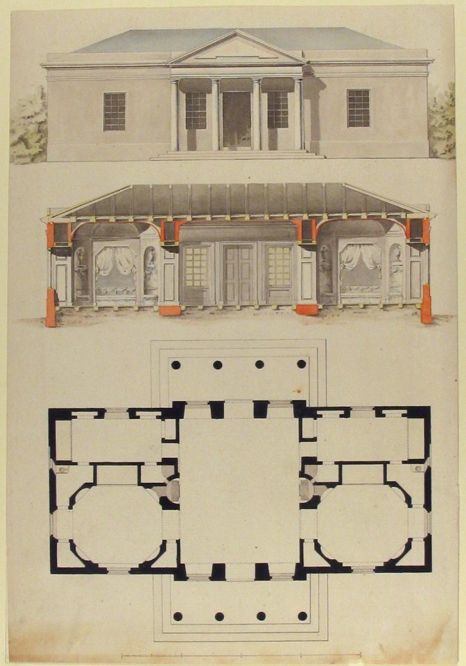 Plan, Elevation, and Section for a Single Story Pavilion MET 1970.736.55
