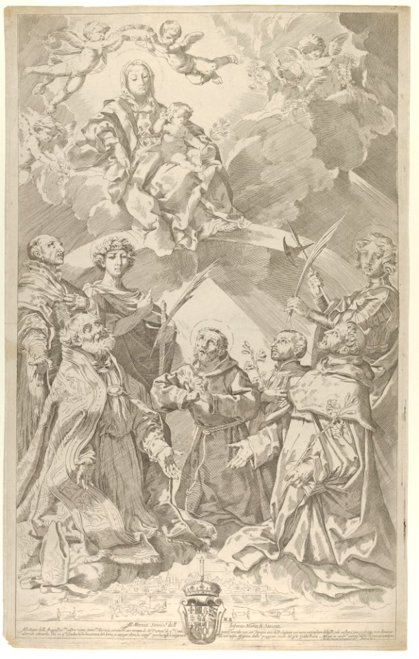 Patron saints of Bologna looking upwards at the Virgin who is seated in the clouds with the infant Christ on her lap, after Reni MET DP841184