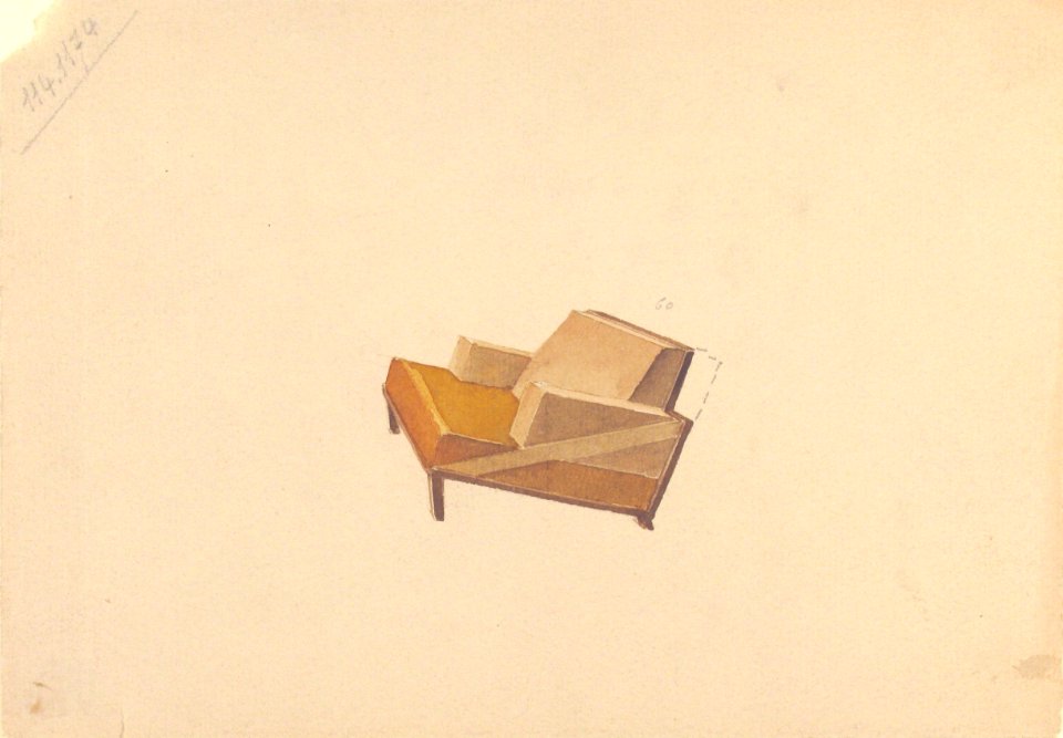 Perspective of a Lounge Chair with 2-Color Upholstery, for Agnelli MET 1989.1105.5