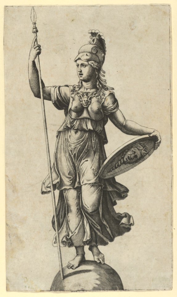 Pallas Athena standing on a globe, a spear in her left hand, a shield in her right MET DP853522