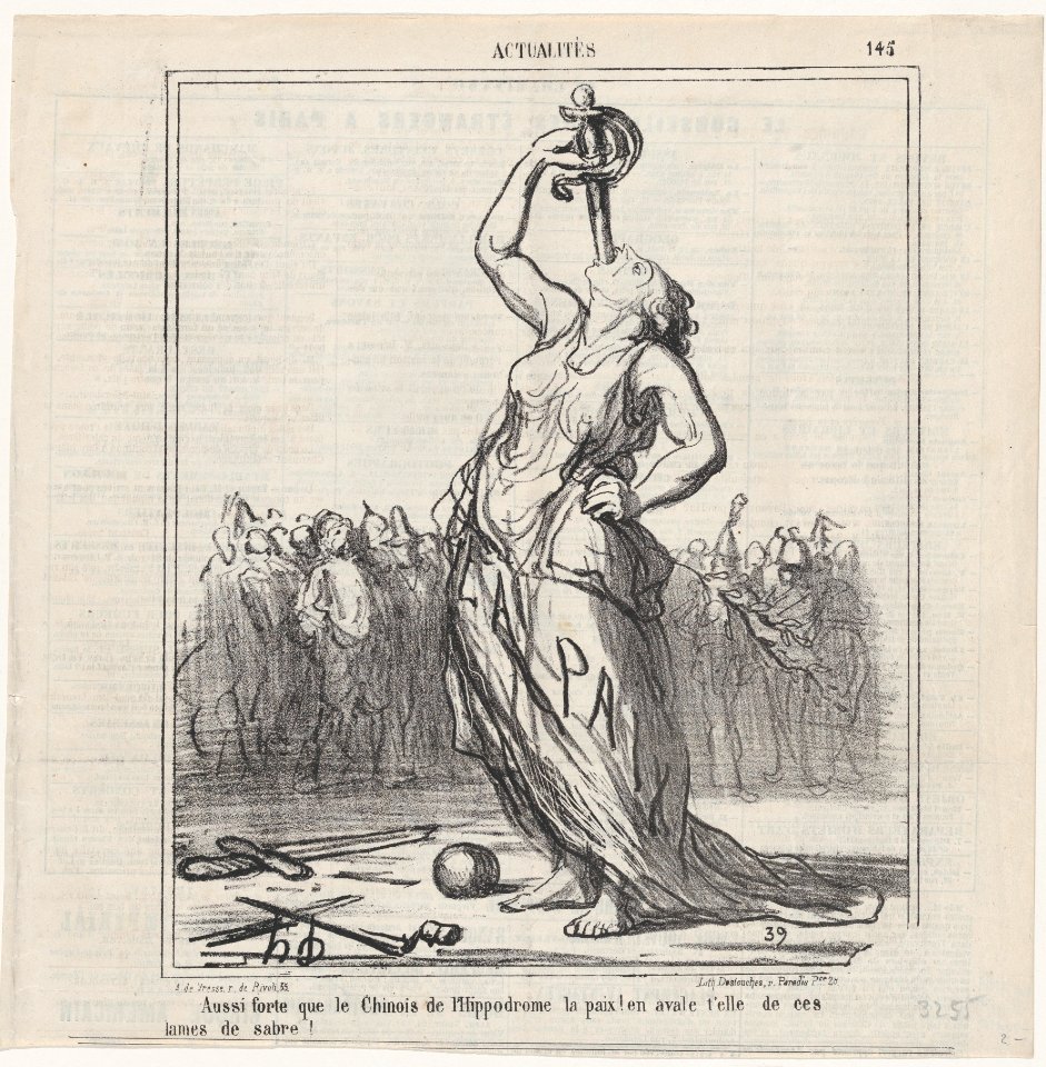 Peace, as strong as the Chinese at the hippodrome... will she also be able to swallow sabre blades?, from 'News of the day,' published in Le Charivari, August 1, 1867 MET DP877681