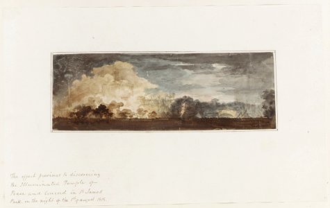 Peace of 1814 and Centennial of the House of Brunswick- "The Effect Previous to Discovering the Illuminated Temple of Peace and Concord in St. James's Park, London, August 1, 1815" -should be 1814- MET DR286