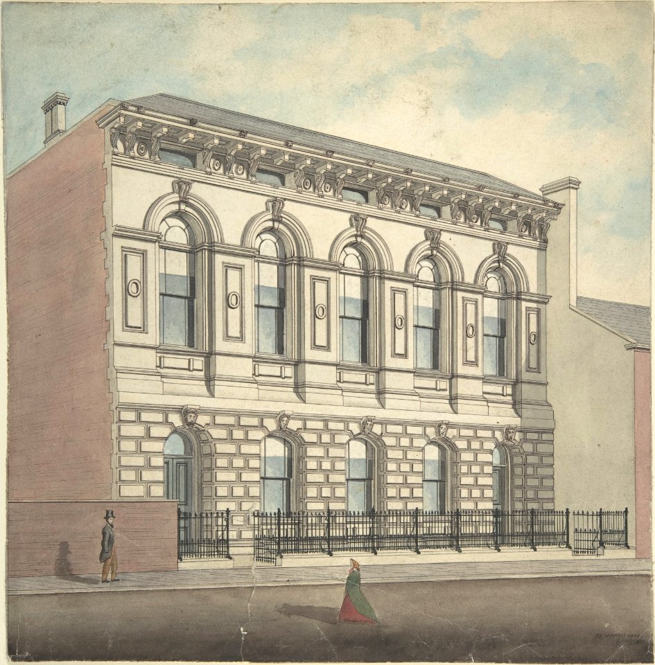 Perspective elevation, from left, of stonefaced building of five bays and two stories MET DP805897