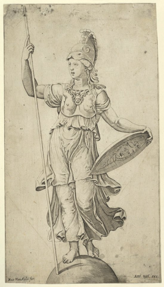 Pallas Athena standing on a globe, holding a spear in her left hand and her shield in her right MET DP853520