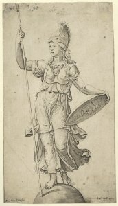 Pallas Athena standing on a globe, holding a spear in her left hand and her shield in her right MET DP853520