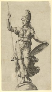 Pallas Athena standing on a globe, holding a spear in her left hand and her shield in her right MET DP853521