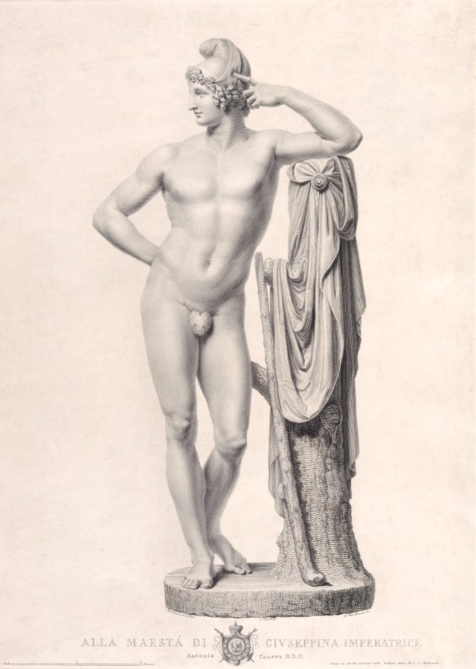 Paris leaning on tree stump Met DP887792