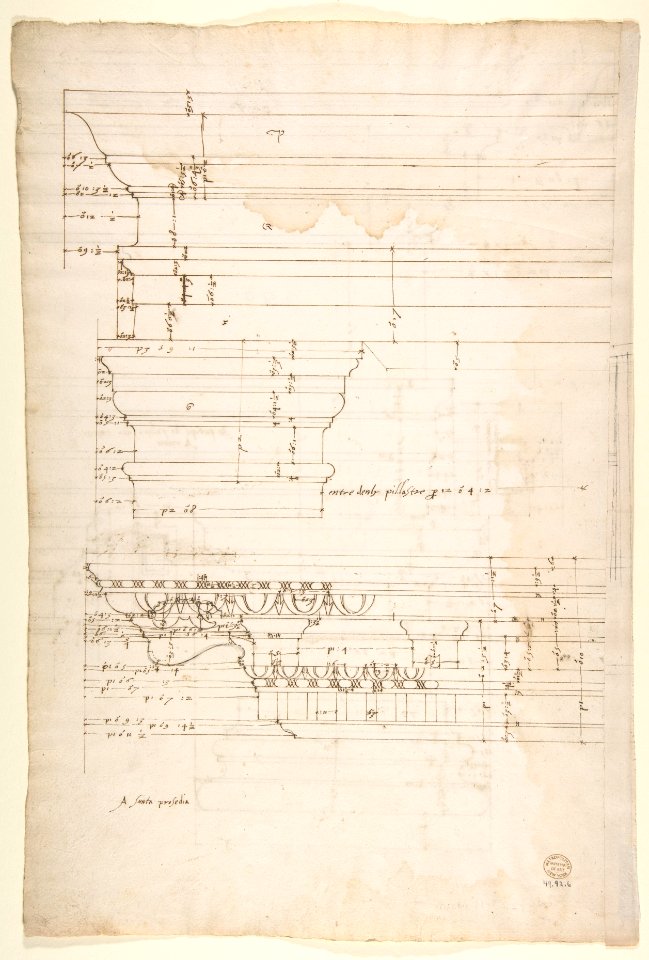 Palazzo Massimo alle Colonne, entablature, elevation (recto); Portico, Doric capital and entablature, elevation and Unknown, Corinthian cornice, elevation (verso) MET DP810658