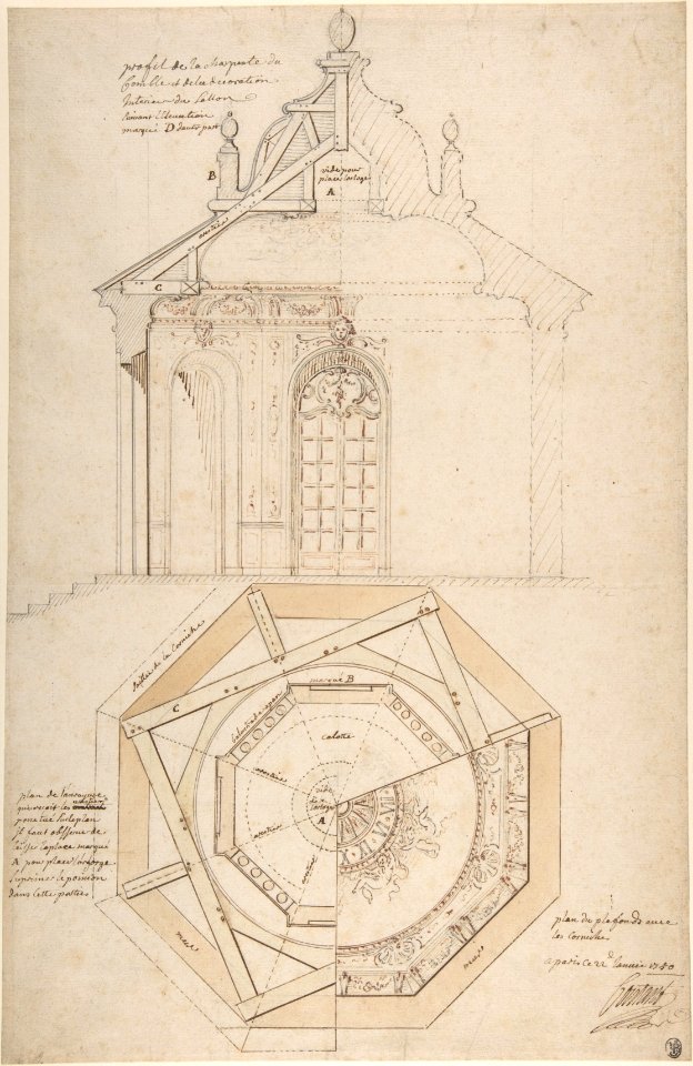Plan of the Roof and Section of a Pavilion in the Gardens of the Château de Saint-Cloud (recto); Study for the Exterior with Partial Plan of the Pavilion (verso) MET DP810293