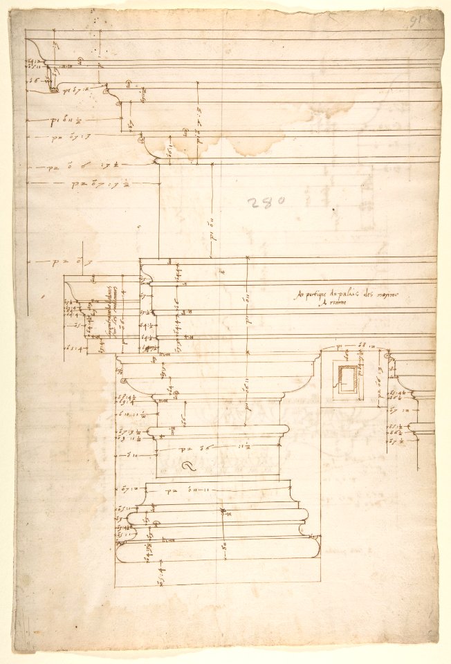 Palazzo Massimo alle Colonne, entablature, elevation (recto); Portico, Doric capital and entablature, elevation and Unknown, Corinthian cornice, elevation (verso) MET DP810657