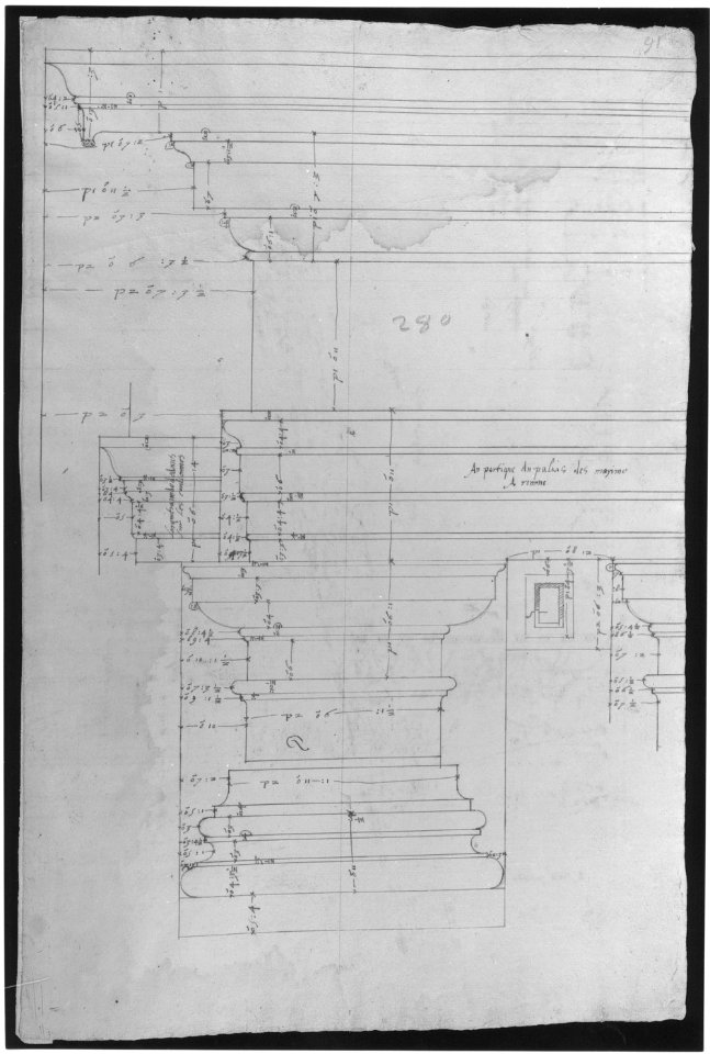 Palazzo Massimo alle Colonne, entablature, elevation (recto); Portico, Doric capital and entablature, elevation and Unknown, Corinthian cornice, elevation (verso) MET sf49 92 06r-MM30693